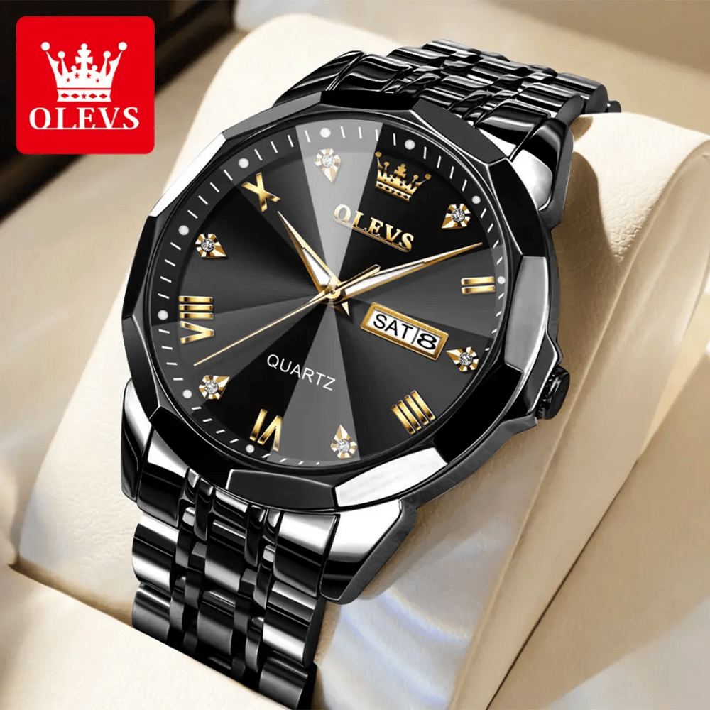 Olevs 9931 Luxury Fashion Stainless Steel Imported Quartz Movement Waterproof Wrist-Watche For Men.  Color: Black