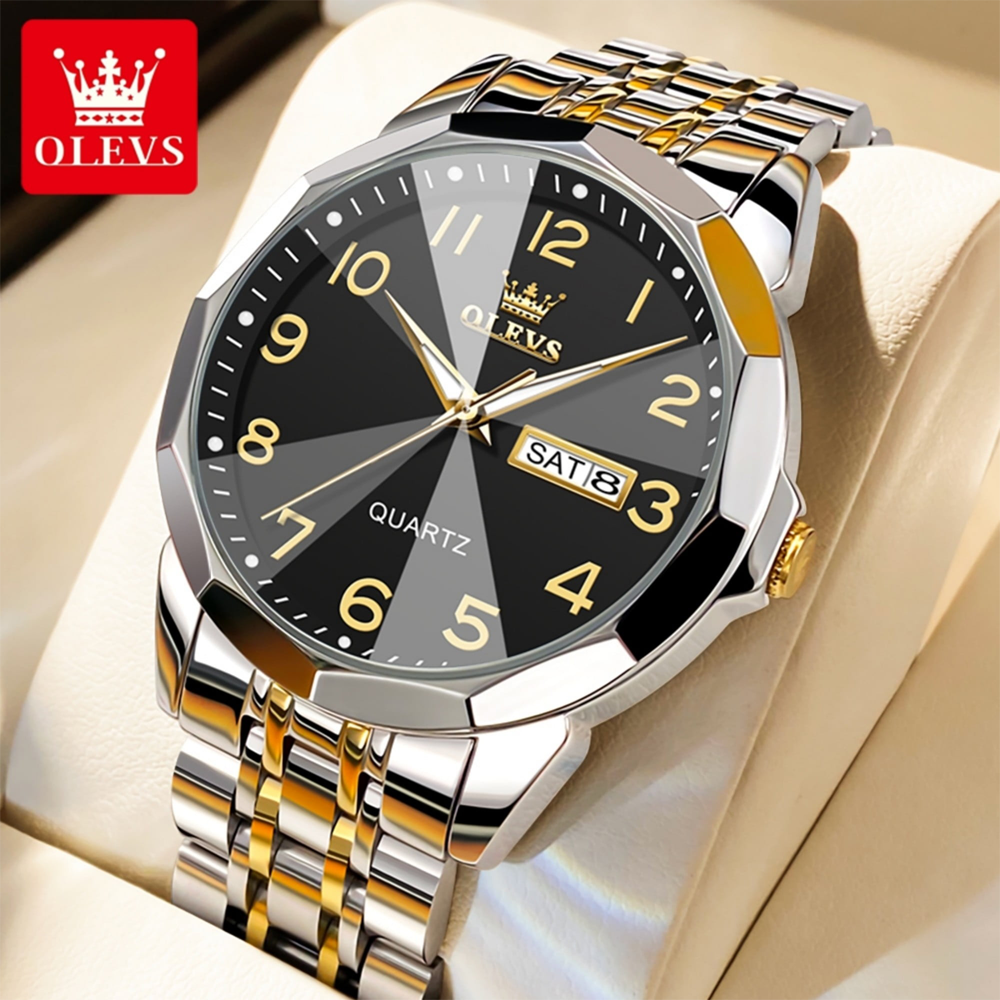 Olevs 9931 Luxury Fashion Stainless Steel Imported Quartz Movement Waterproof Wrist-Watche For Men.  Color: Gold Black