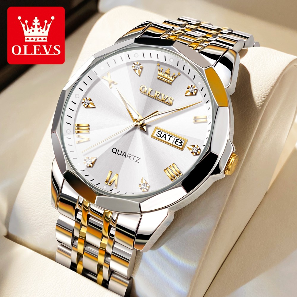 Olevs 9931 Luxury Fashion Stainless Steel Imported Quartz Movement Waterproof Wrist-Watche For Men.  Color: Gold White