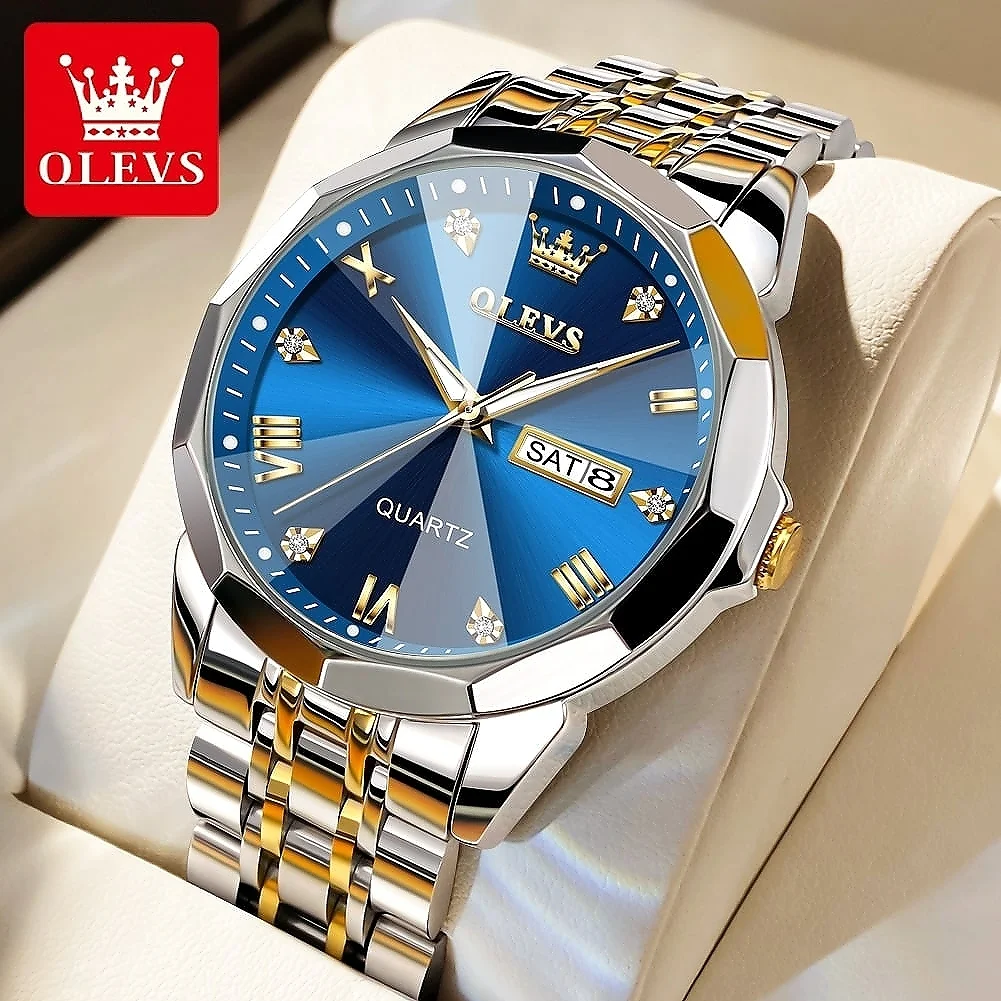 Olevs 9931 Luxury Fashion Stainless Steel Imported Quartz Movement Waterproof Wrist-Watche For Men.  Color: Gold blue